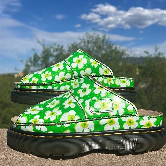 🏴󠁧󠁢󠁥󠁮󠁧󠁿 Dr. Martens MIE Vintage 90’s Green Daisy Floral Platform Slides UK 8 - Picture 5 of 16